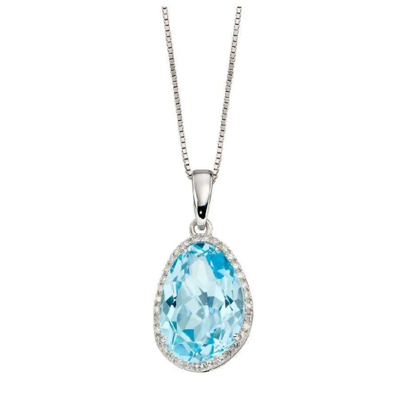 Worn gold engagement rings-9ct White Gold Irregular Cut Blue Topaz & Diamond Halo Cluster Pendant