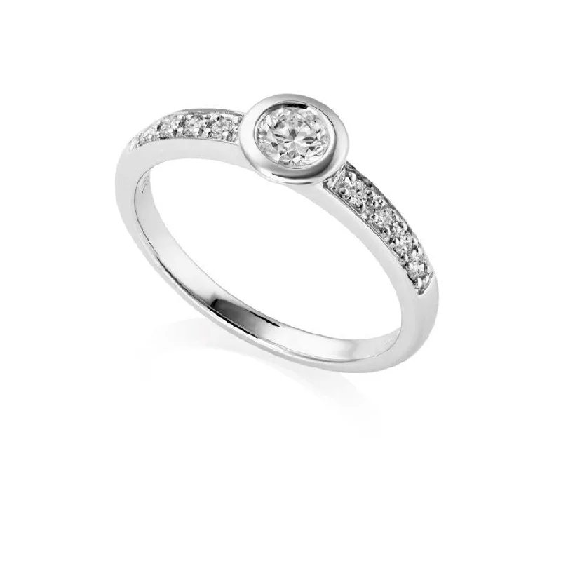 Spinel engagement rings-18ct White Gold Rubover Set Round Brilliant Cut Solitaire Ring with Diamond Shoulders