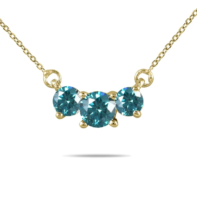 Joy charm necklaces-1 Carat TW Blue Diamond Three Stone Pendant Necklace in 14K Yellow Gold