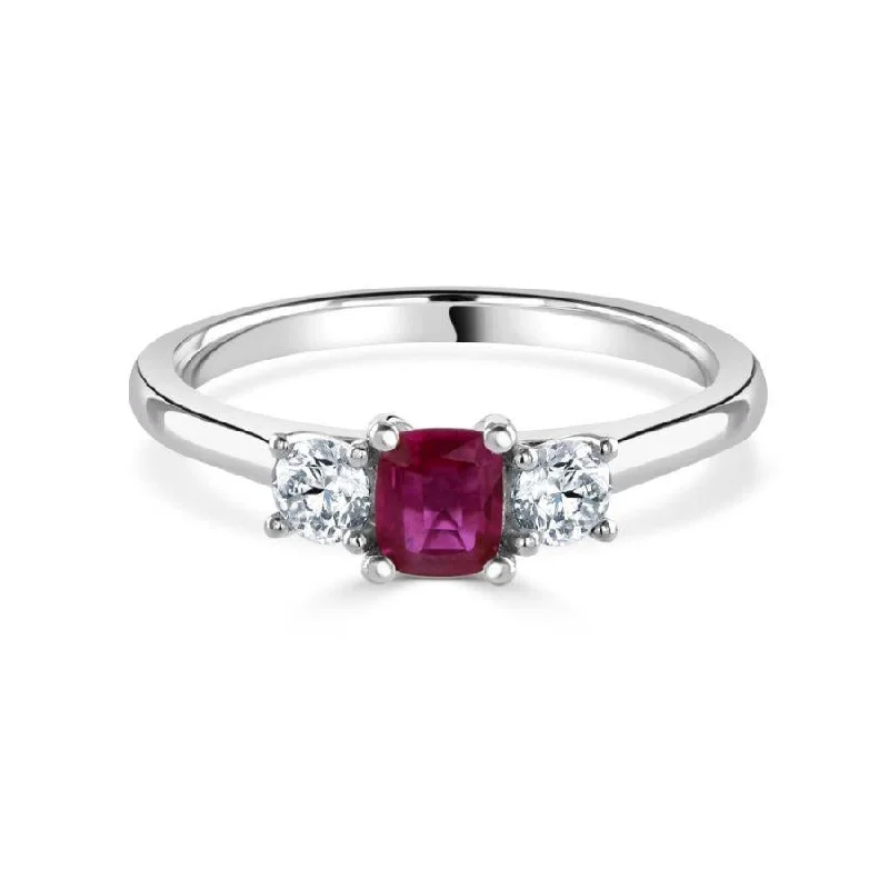 Cushion gem engagement rings-Platinum Cushion Cut Pink Sapphire & Round Brilliant Cut Diamond Trilogy Ring