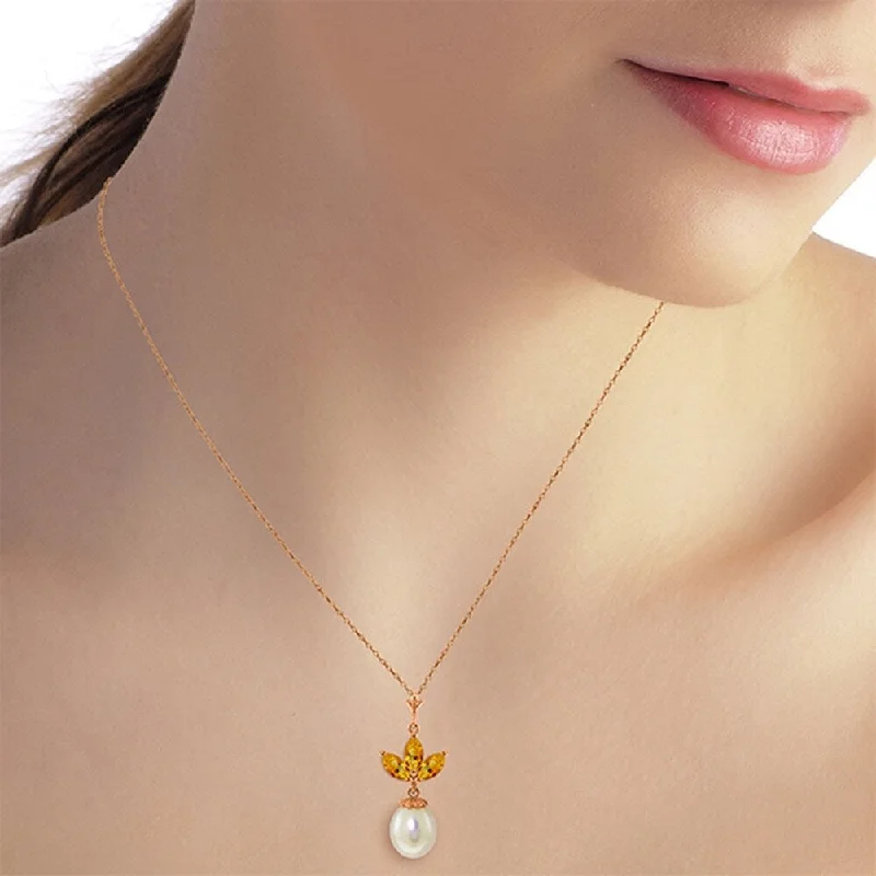 Fine thread necklaces-14K Solid Rose Gold Necklace with pearl & Citrines