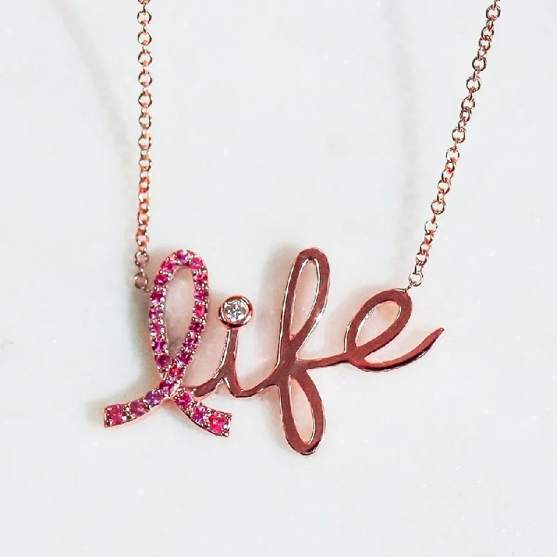 Faith charm necklaces-Annello by Kobelli 14k Rose Gold Breast Cancer Awareness Pink Sapphire and Diamond Accent 'Life' Necklace