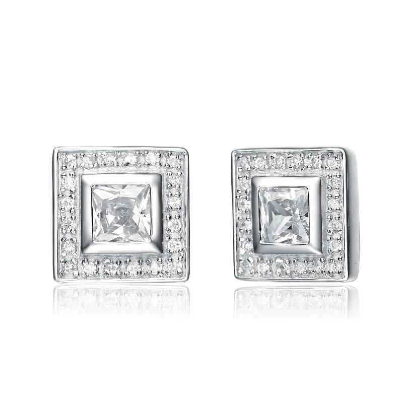 Tide theme earrings-Cubic Zirconia Sterling Silver Rhodium Plated Square Shape Earrings