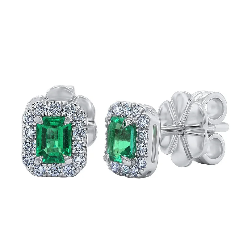 Subtle filigree engagement rings-18ct white gold Emerald & Diamond Halo cluster earring