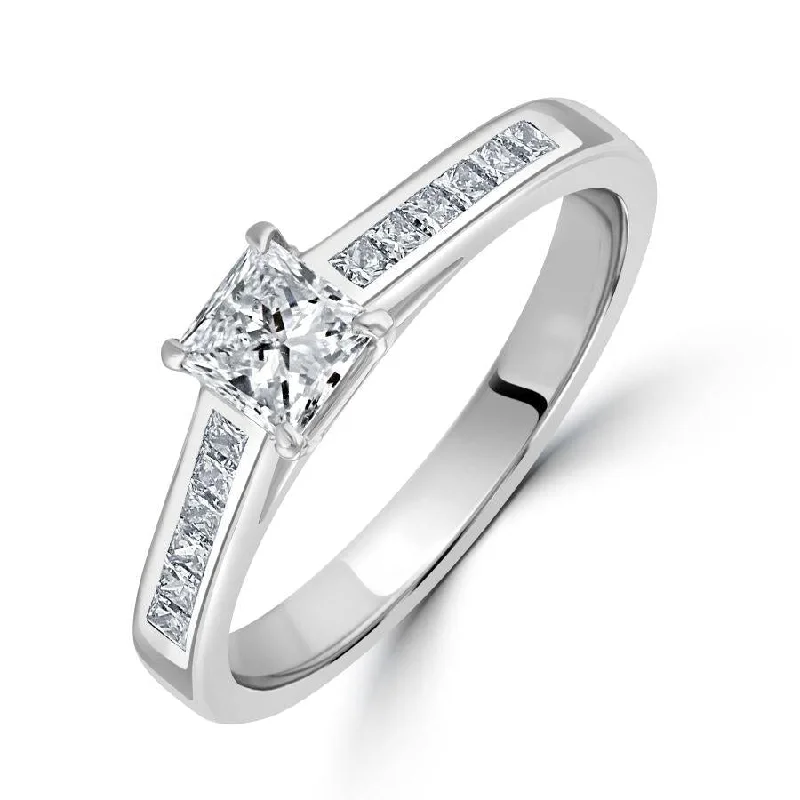 Oval stone engagement rings-0.43ct Diamond Princess Cut Solitaire with diamond shoulders Platinum Ring