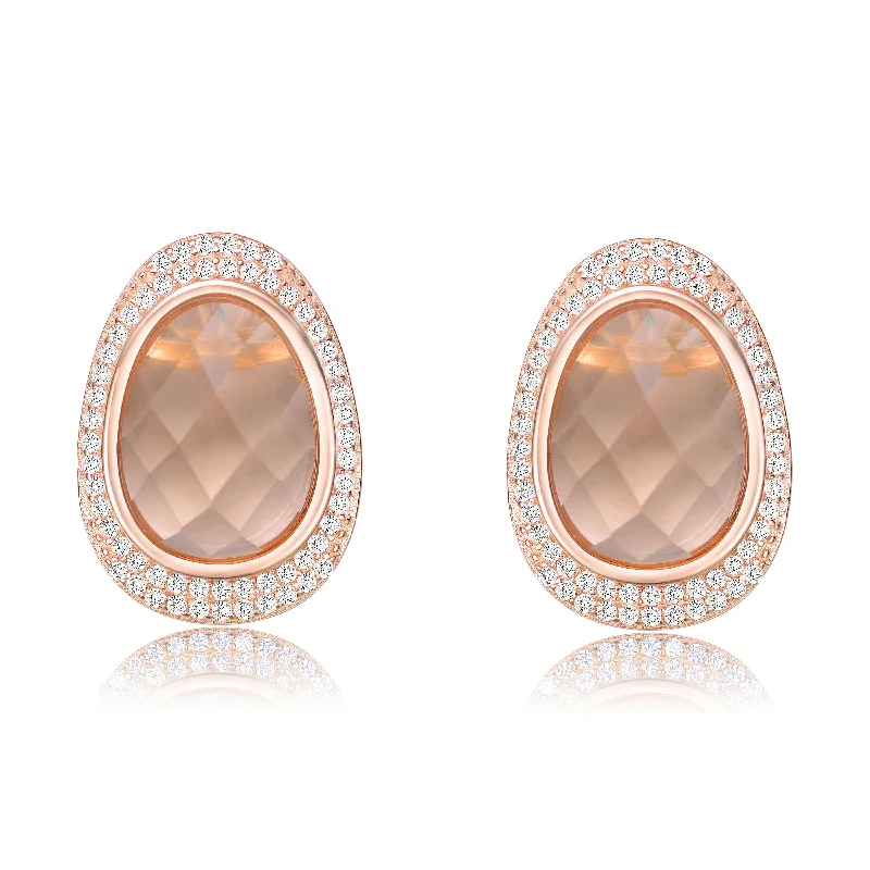 Leaf design earrings-Light Peach and White Cubic Zirconia Oval Shaped Stud Earrings