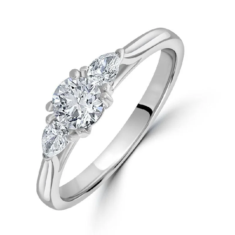 Light filigree engagement rings-Platinum Round Brilliant Cut and Pear Shaped Diamond 3-Stone Ring