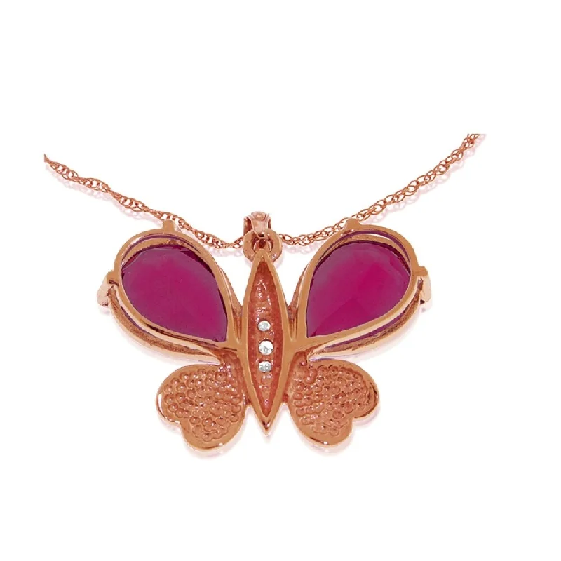 Turquoise drop necklaces-14K Solid Rose Gold Batterfly Necklace withNatural Diamonds & rubyes