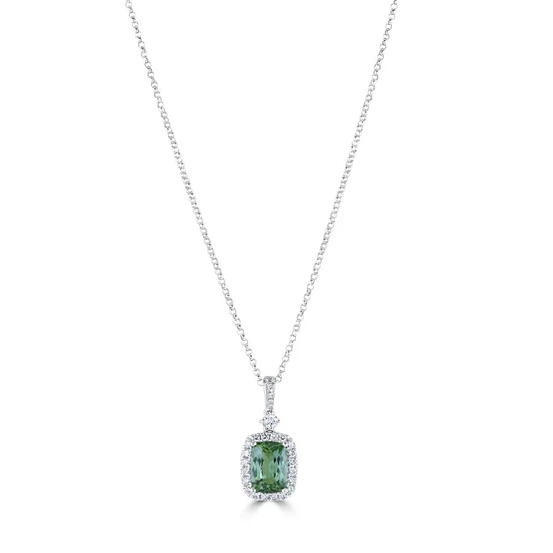 Princess cut engagement rings-18ct White Gold Green Tourmaline & Diamond Halo Cluster Pendant