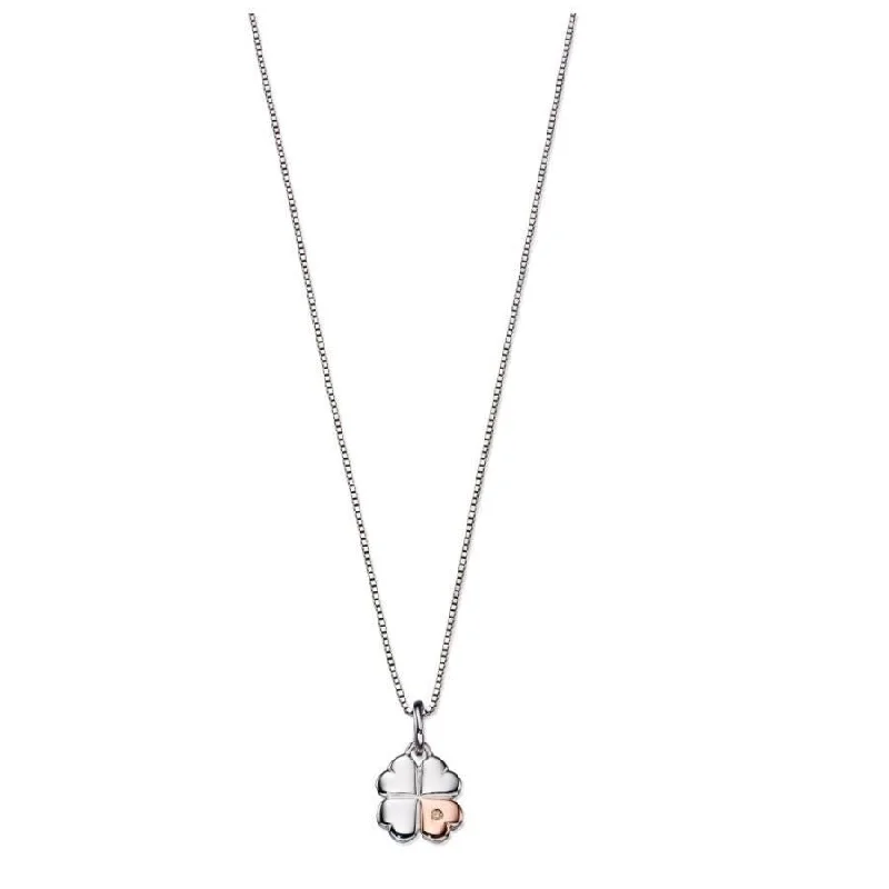 Surf theme engagement rings-Silver & Rose Gold Plated Diamond Set Clover Pendant & Chain