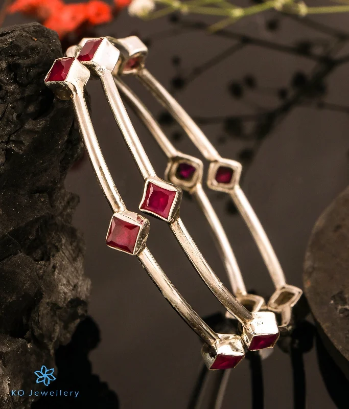 Solid cuff bangles-The Disha Silver Gemstone Bangle (Red/Size 2.4)