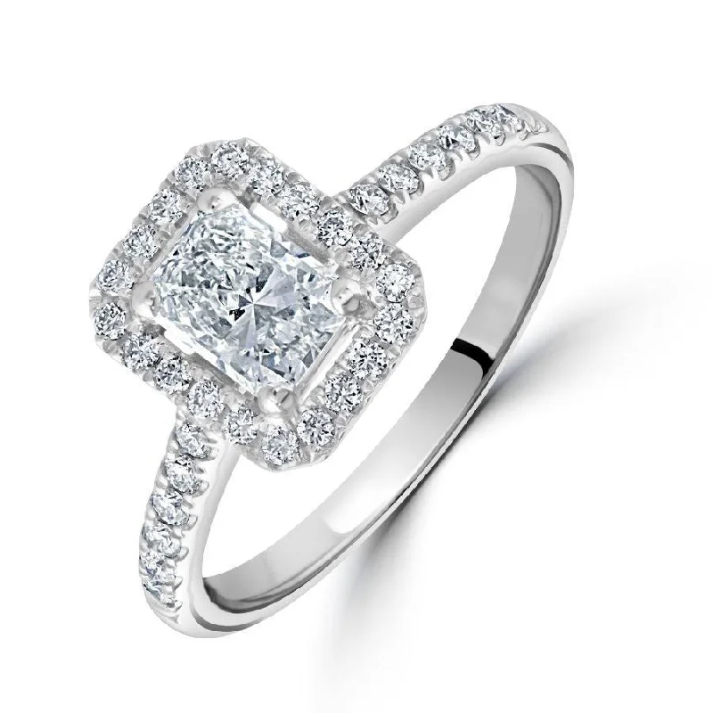 Oval stone engagement rings-Platinum Radiant Cut Diamond Octagonal Halo Cluster Ring with Diamond Shoulders