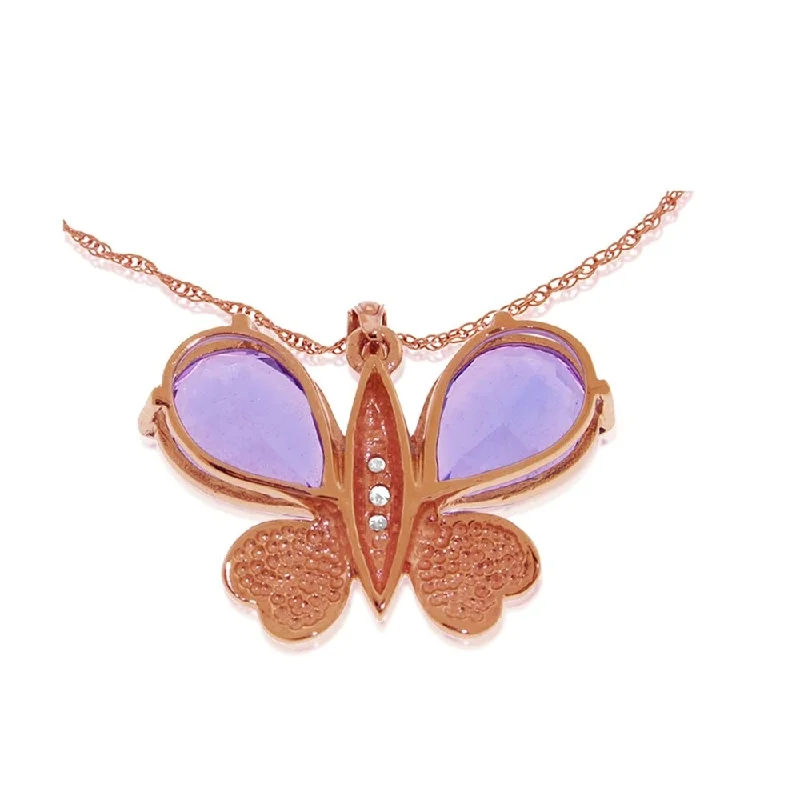 14K Solid Rose Gold Batterfly Necklace with Natural Diamonds & Amethysts