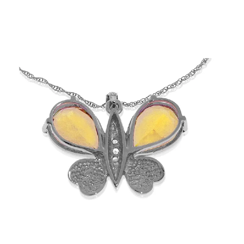 Elegant design necklaces-14K Solid White Gold Batterfly Necklace withNatural Diamonds & Citrines