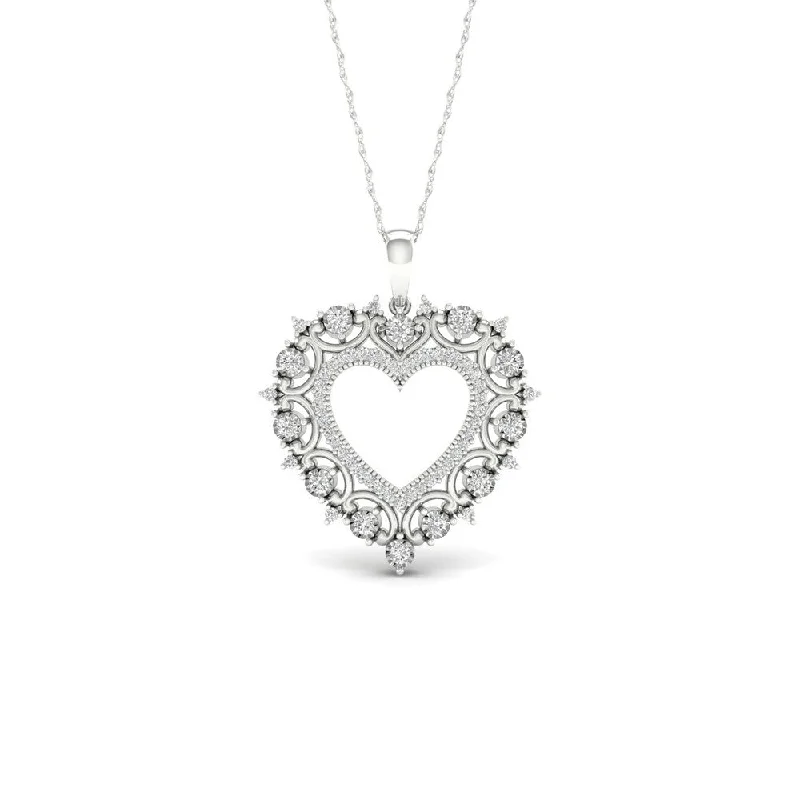 Solid link necklaces-De Couer 10k White Gold 1/4ct TDW Diamond Filigree Heart Necklace