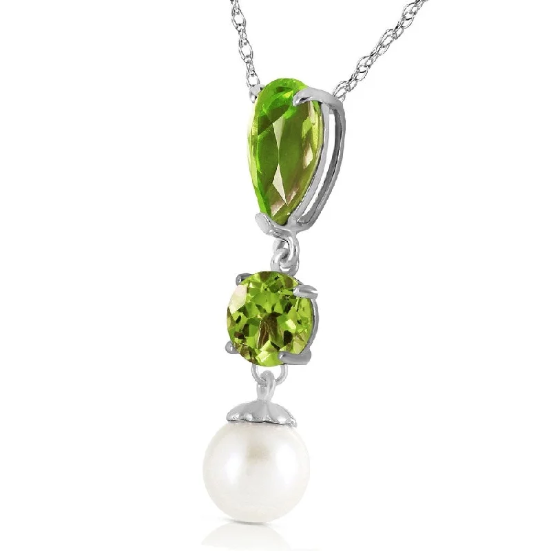 Wide weave necklaces-5.25 Carat 14K Solid White Gold Chat Blanc Peridot Pearl Necklace