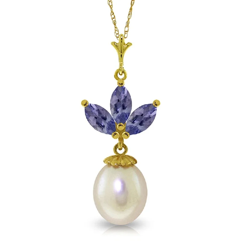 Petal design necklaces-4.75 Carat 14K Solid Gold Necklace pearl Tanzanite