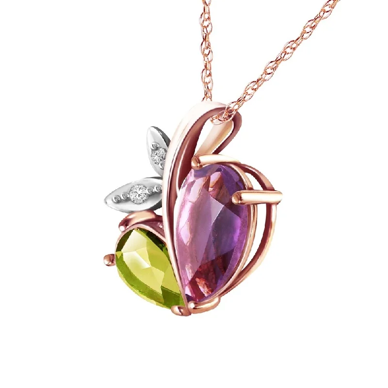 Leaf charm necklaces-14K Solid Rose Gold Modern Heart Necklace Combination of Amethyst, Peridot & Diamond