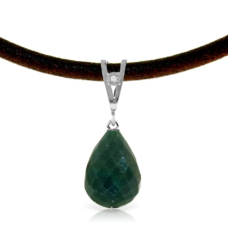 Linen thread necklaces-15.51 Carat 14K Solid White Gold Leather Necklace Diamond Emerald