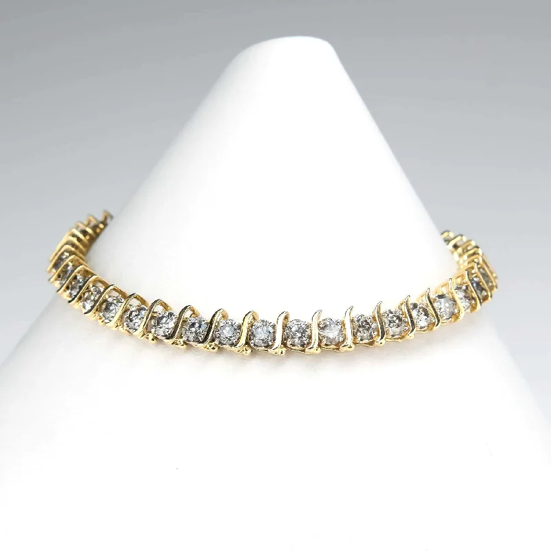 Polished bead bangles-14K Yellow Gold 8.80ctw Round Diamond S Link 7" Tennis Bracelet