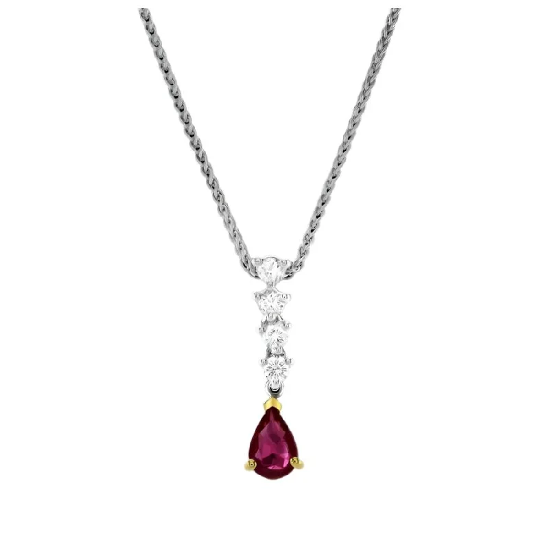 Rose gold engagement rings-18ct Gold Yellow and White Gold Teardrop Ruby and Diamond Pendant and Chain