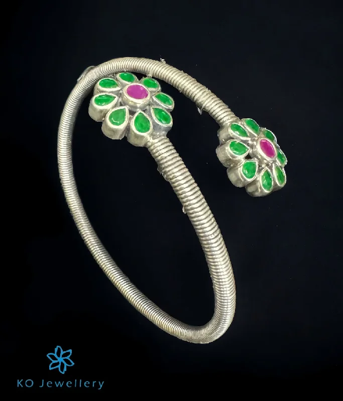 Patina bronze bangles-The Green Flowers Silver Flexible Open Bracelet