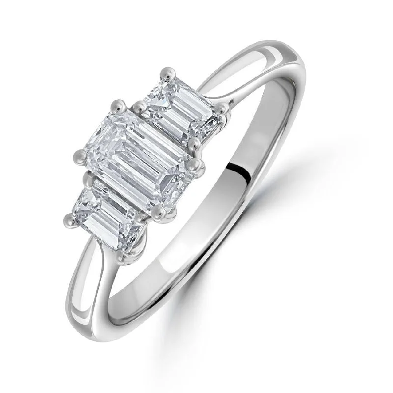 Sleek rose engagement rings-Platinum Emerald Cut Diamond Trilogy Ring