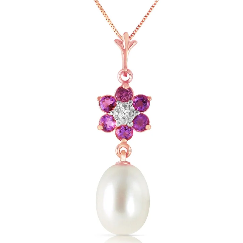 Multi-layer necklaces-4.53 Carat 14K Solid Gold Necklace Natural Pearl, Amethyst Diamond