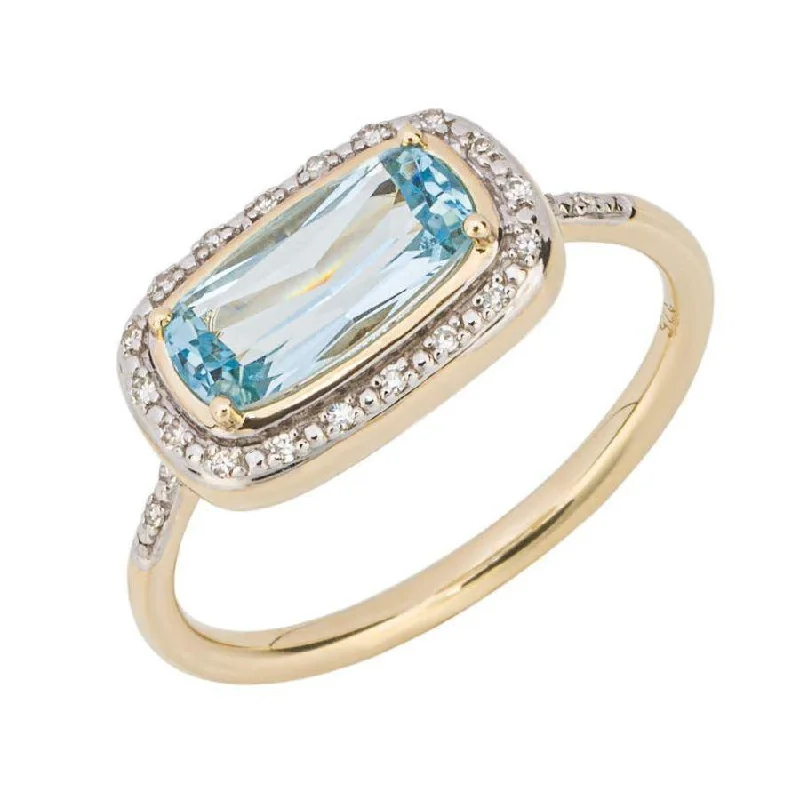 Glossy enamel engagement rings-9ct Yellow Gold Rectangular Cut Blue Topaz & Diamond Halo Cluster Ring