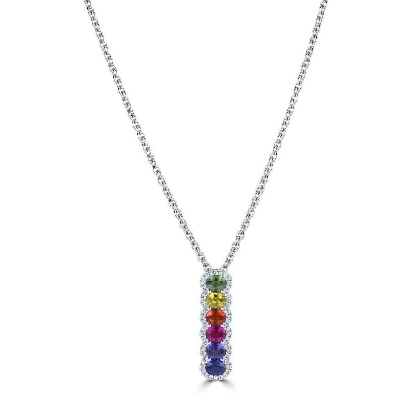 Solitaire gold engagement rings-18ct White Gold Multi-Coloured Sapphire & Diamond Pendant