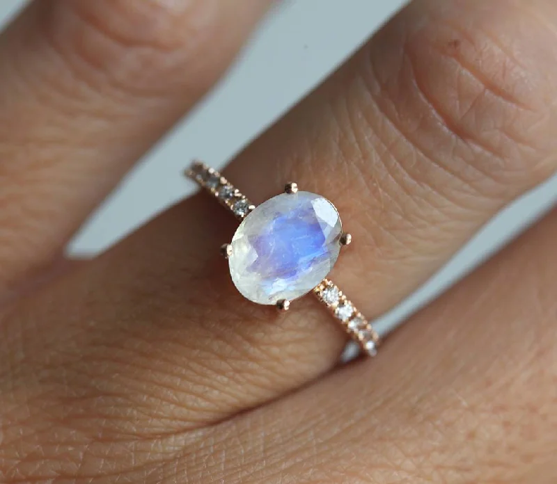 Square cut engagement rings-Stella Oval moonstone diamond ring