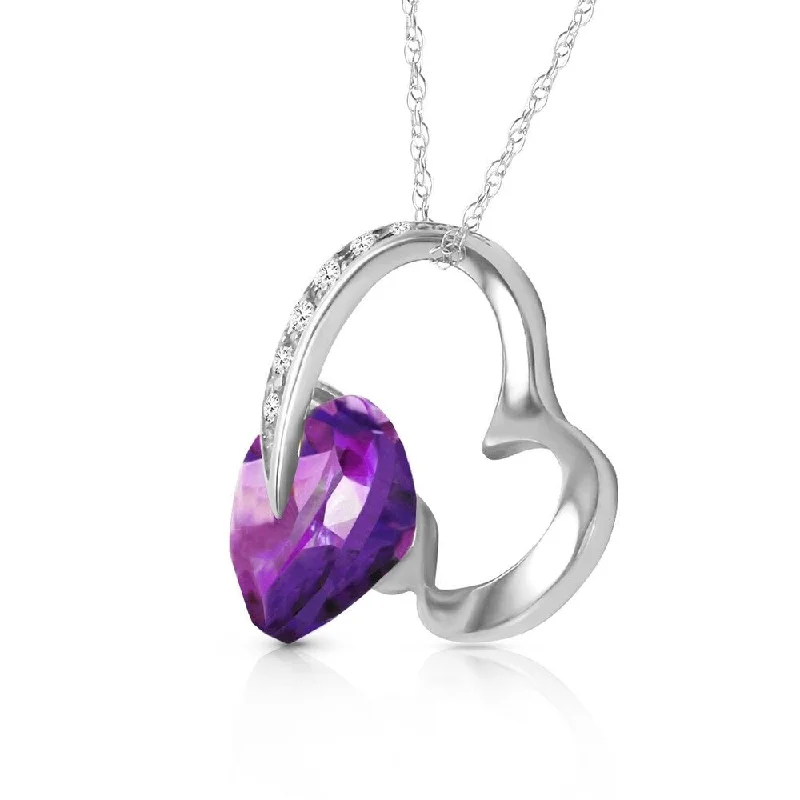 Surf motif necklaces-14K Solid White Gold Heart Necklace with Natural Diamond & Amethyst