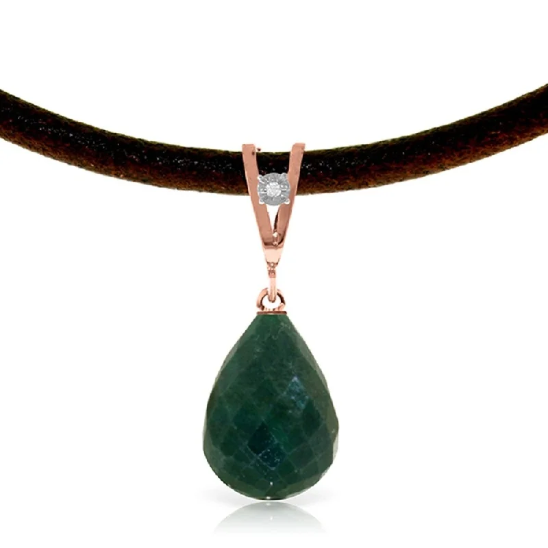 Lapis gem necklaces-14K Solid Rose Gold & Leather Necklace withDiamond & Emerald