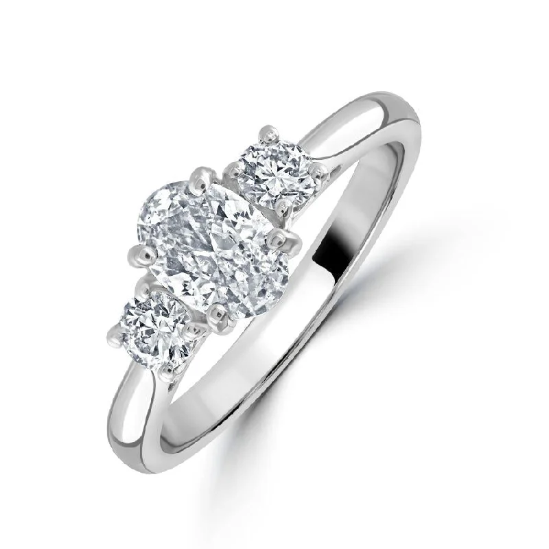 Dual-tone engagement rings-Platinum Oval Cut & 2-Round Brilliant Cut Diamond Trilogy Ring