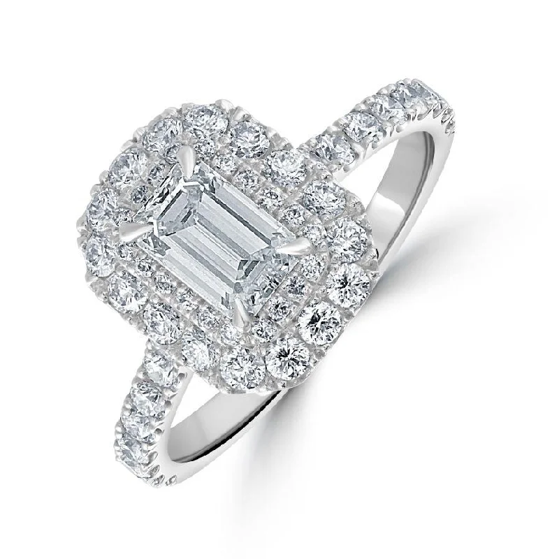 Worn lock engagement rings-Platinum Emerald Cut Diamond Double Halo Cluster Ring with Diamond Shoulders