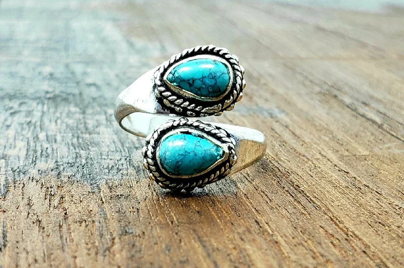 Antique bronze rings-Adjustable Turquoise Teardrop Ring