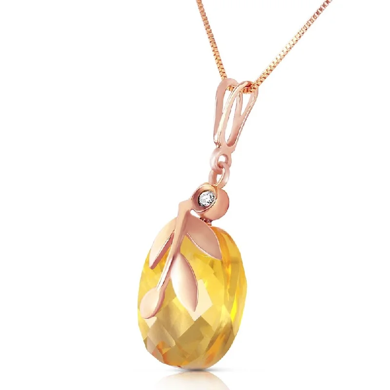 Offset design necklaces-14K Solid Rose Gold Necklace with Checkerboard Cut Citrine & Diamond