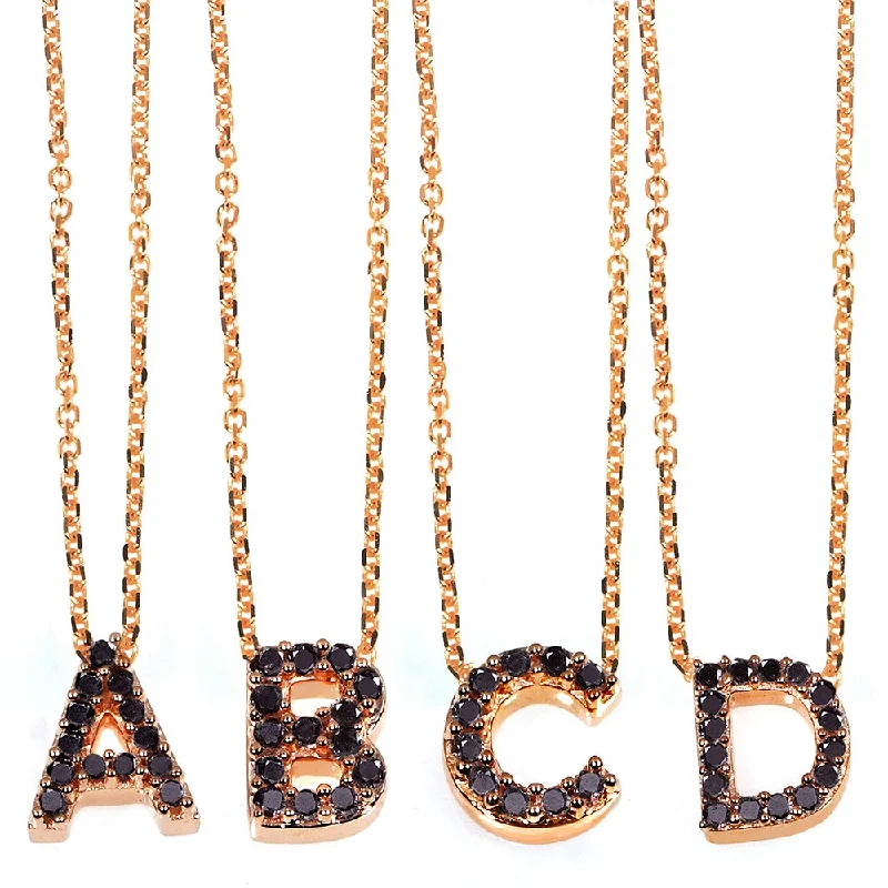 Vintage bead necklaces-Annello by Kobelli Rose Gold Black Diamond Accent Mini Initial Letter Necklace