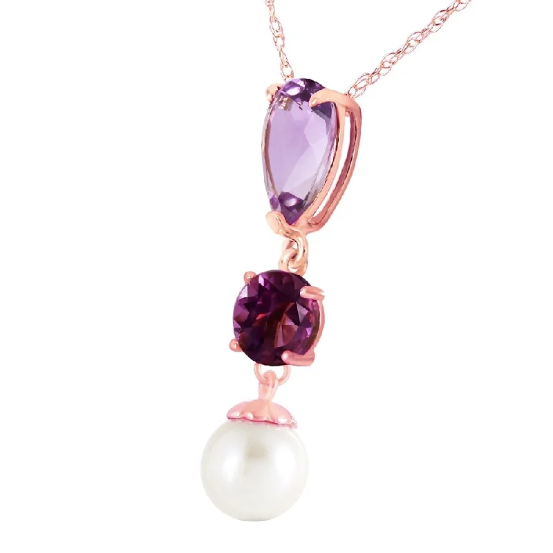 Fairy wing necklaces-5.25 Carat 14K Solid Rose Gold Necklace Purple Amethyst pearl