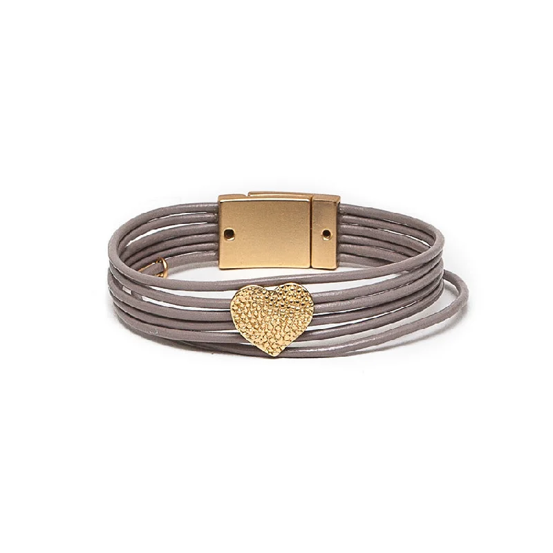 Shiny bead bangles-Pom Taupe Leather Bracelet with Golden Dotty Heart