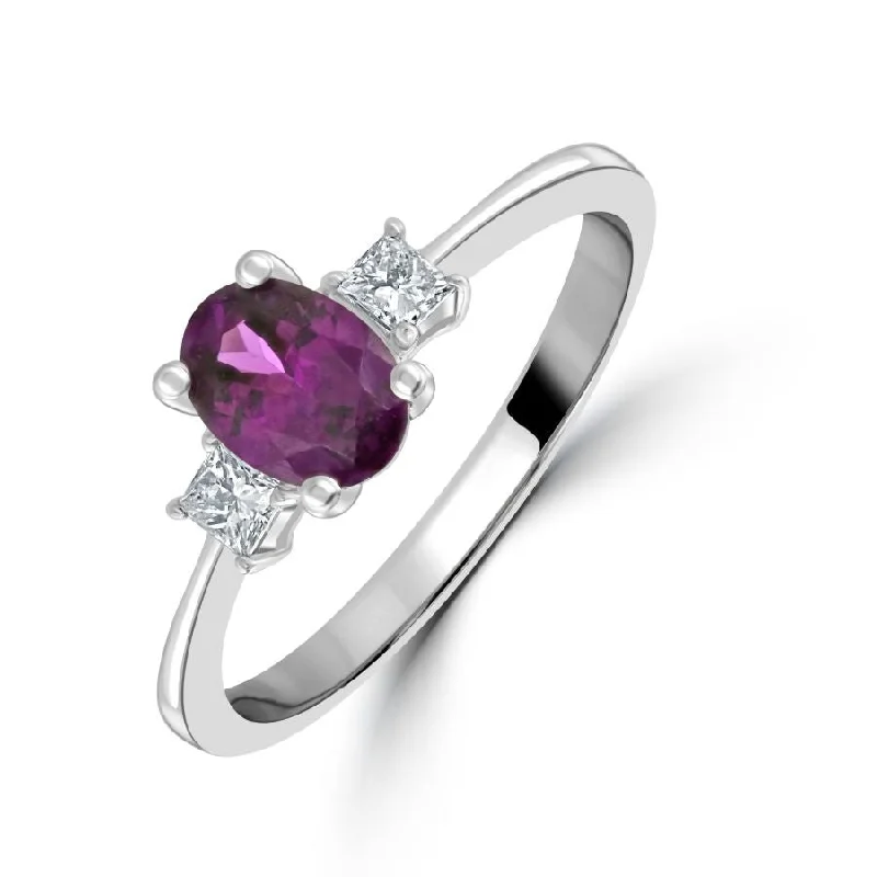 Oval stone engagement rings-18ct White Gold Oval Purple Garnet & Diamond Trilogy Ring