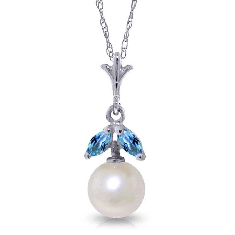 Oval gem necklaces-2.2 CTW 14K Solid White Gold Necklace Natural pearl Blue Topaz