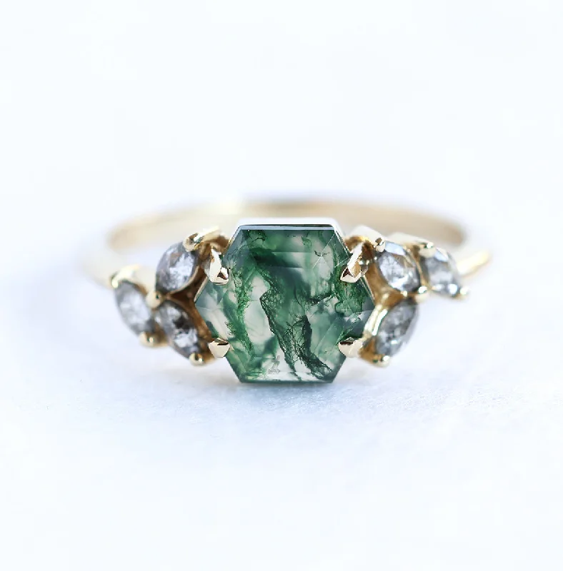 Hammered gold engagement rings-Hexagon Moss Agate Diamond Ring