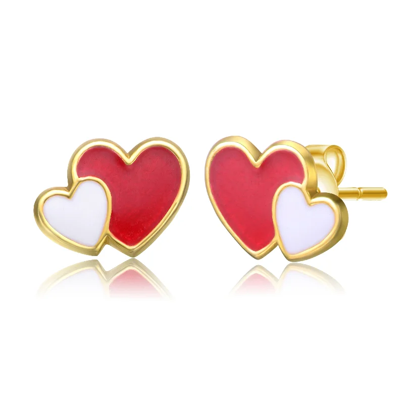 Bead braid earrings-14k Gold Plated Red & White Enamel Double Heart Stud Earrings