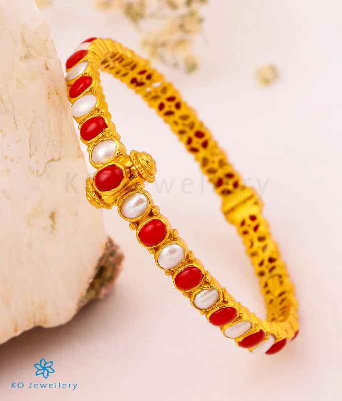 Oval stone bangles-The Kripa Silver Bracelet (Pearl/Coral/Size 2.2/2.6/2.8)