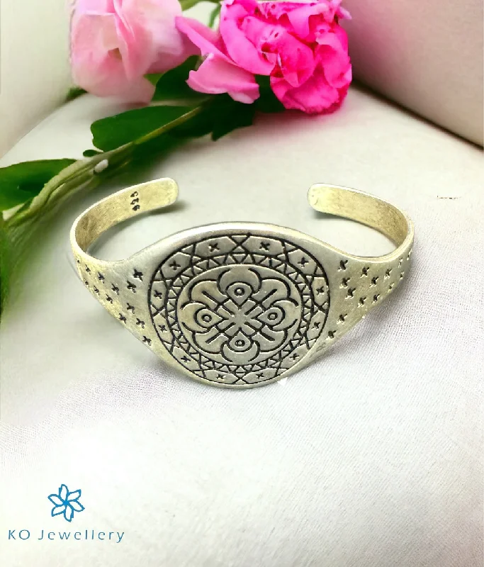 Cotton cord bangles-The Patterned Silver Open Bracelet