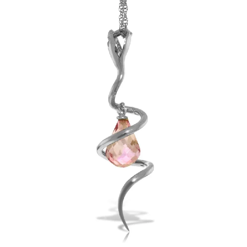 Oval stone necklaces-14K Solid White Gold Snake Necklace with Dangling Briolette Pink Topaz & Diamond