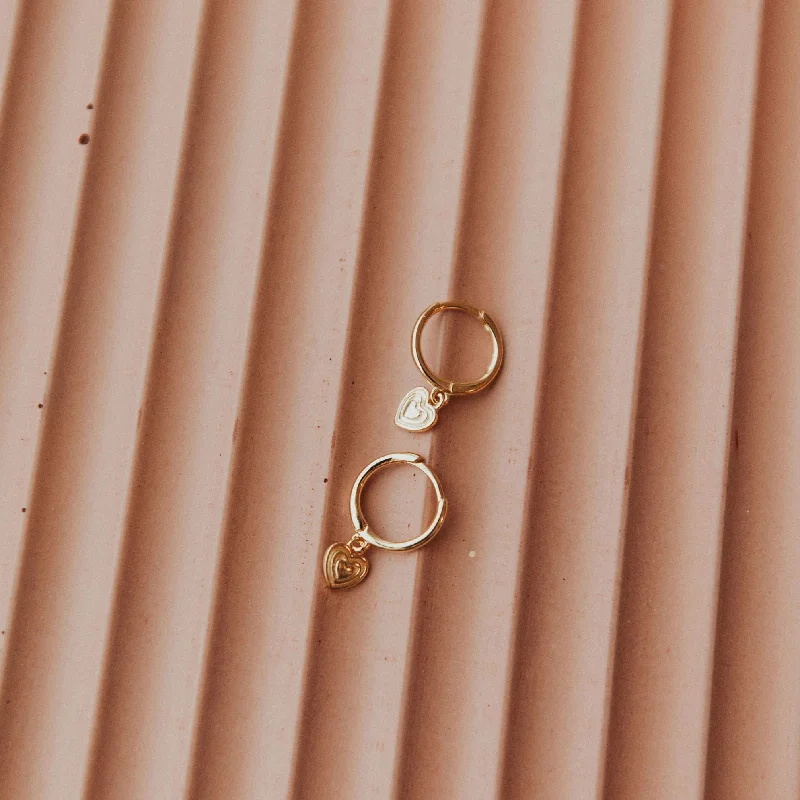 Rustic brass earrings-Lovestruck Heart Hoops