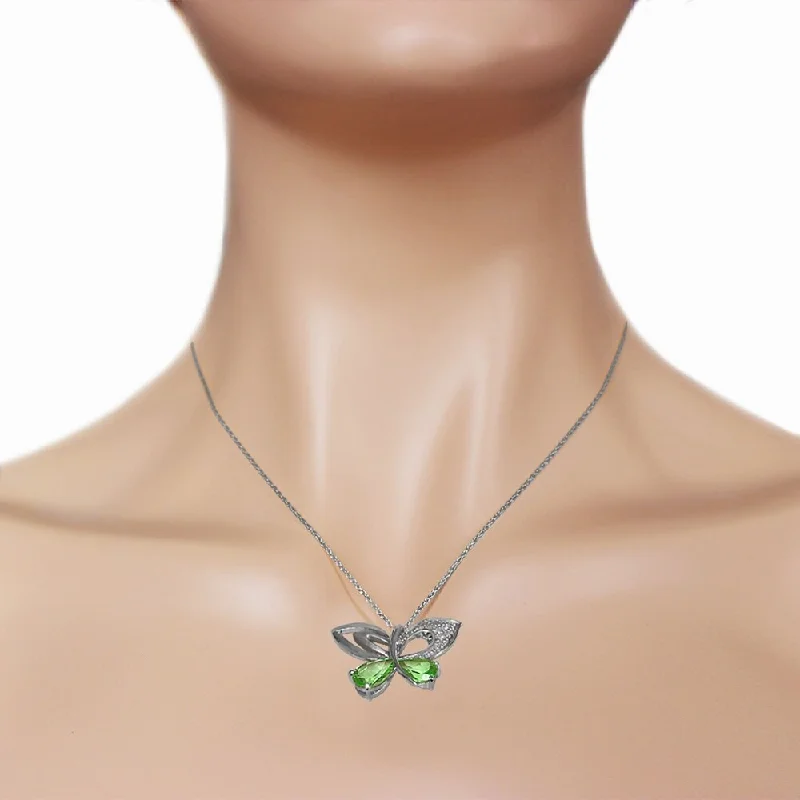 Swirl shape necklaces-14K Solid White Gold Batterfly Necklace with Natural Diamonds & Peridots