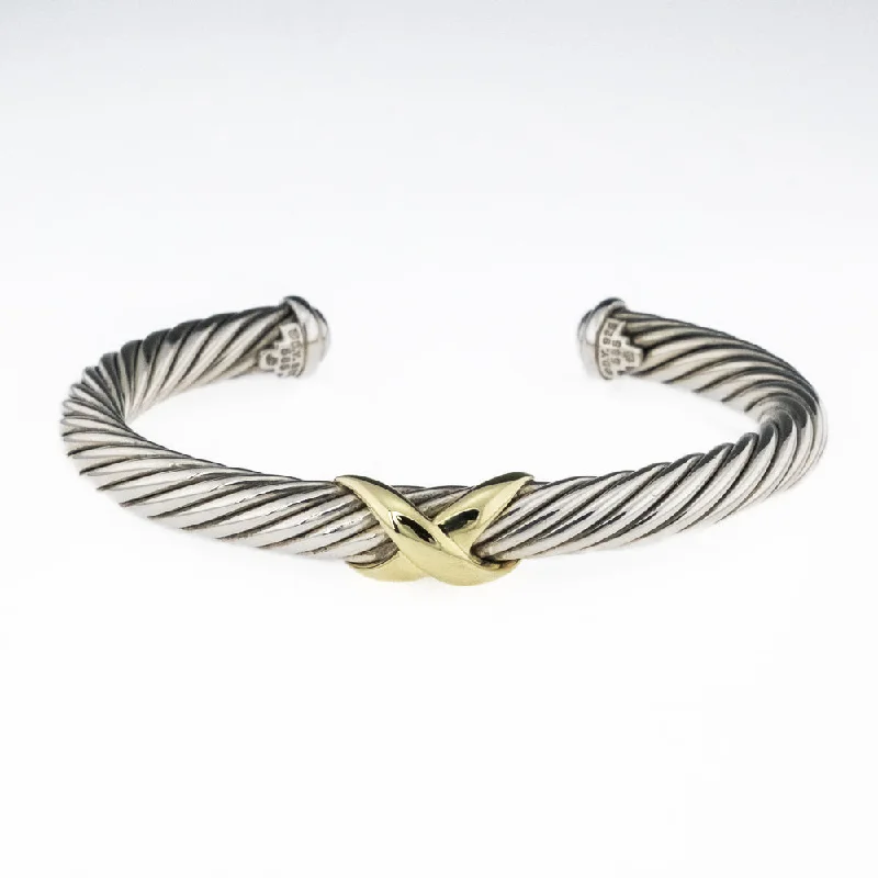 Reef knot bangles-David Yurman, 14K Yellow Gold & Sterling Silver 7mm Wide X Cable Bracelet